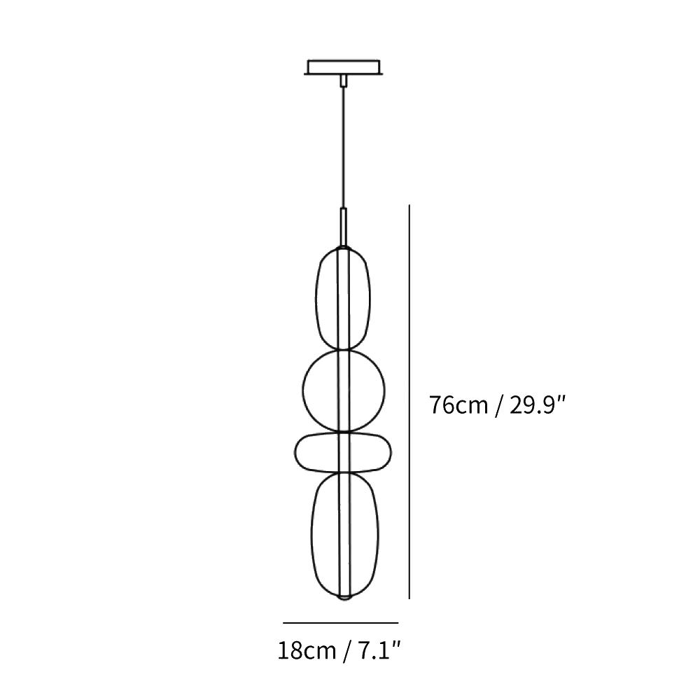 Clérachic pendant light dimension drawing, Model H, 76 cm tall and 18 cm wide, every measurement marked in centimetres and inches.