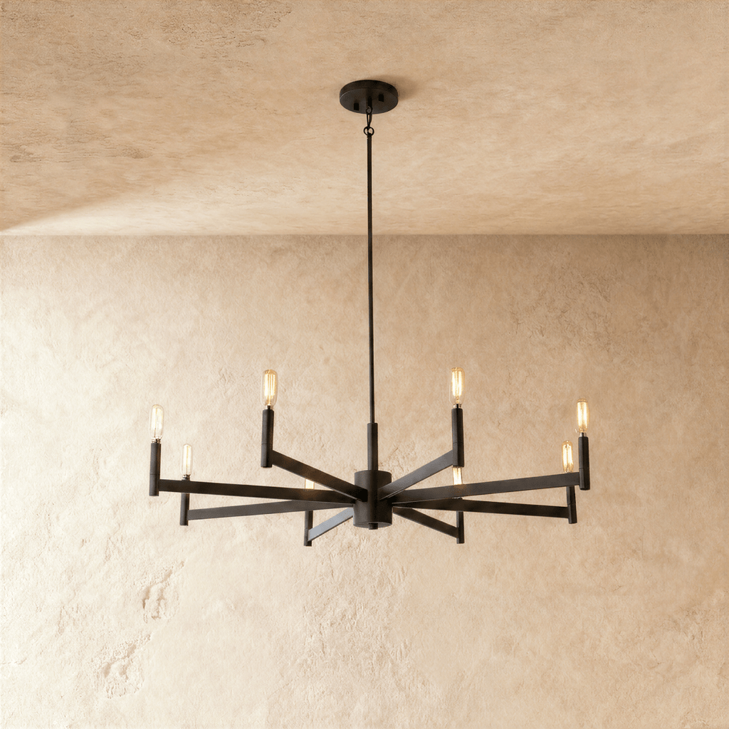 Clérachic wider eight-arm chandelier in matte black with warm filament bulbs on straight bars, on a rod and round canopy.