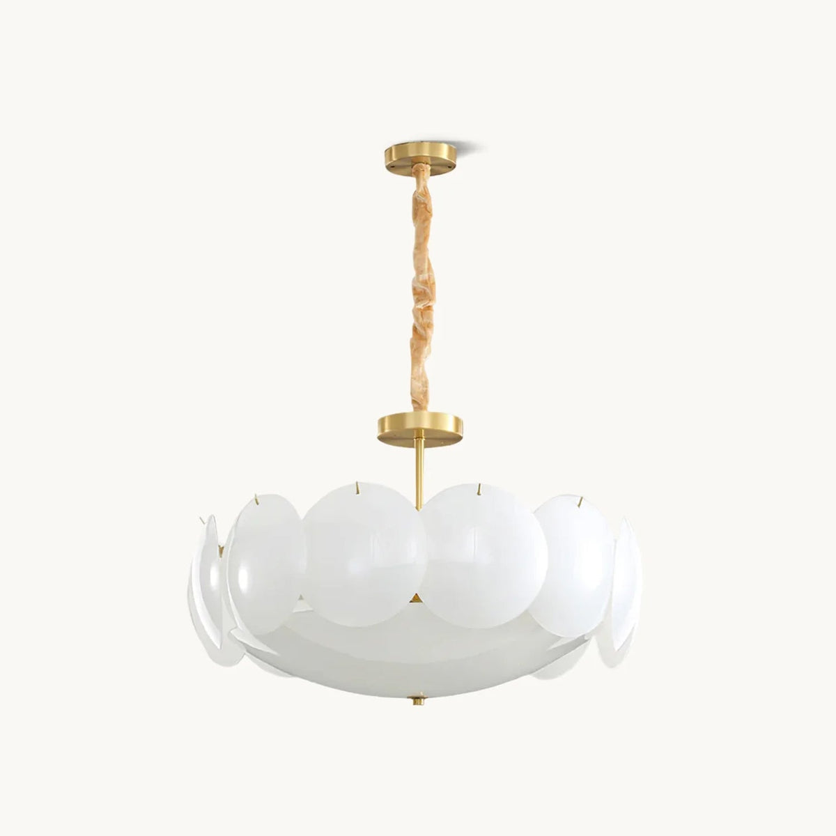 Clérachic capiz shell chandelier with overlapping round white shades on a brass stem and twisted chain, on a plain white background.