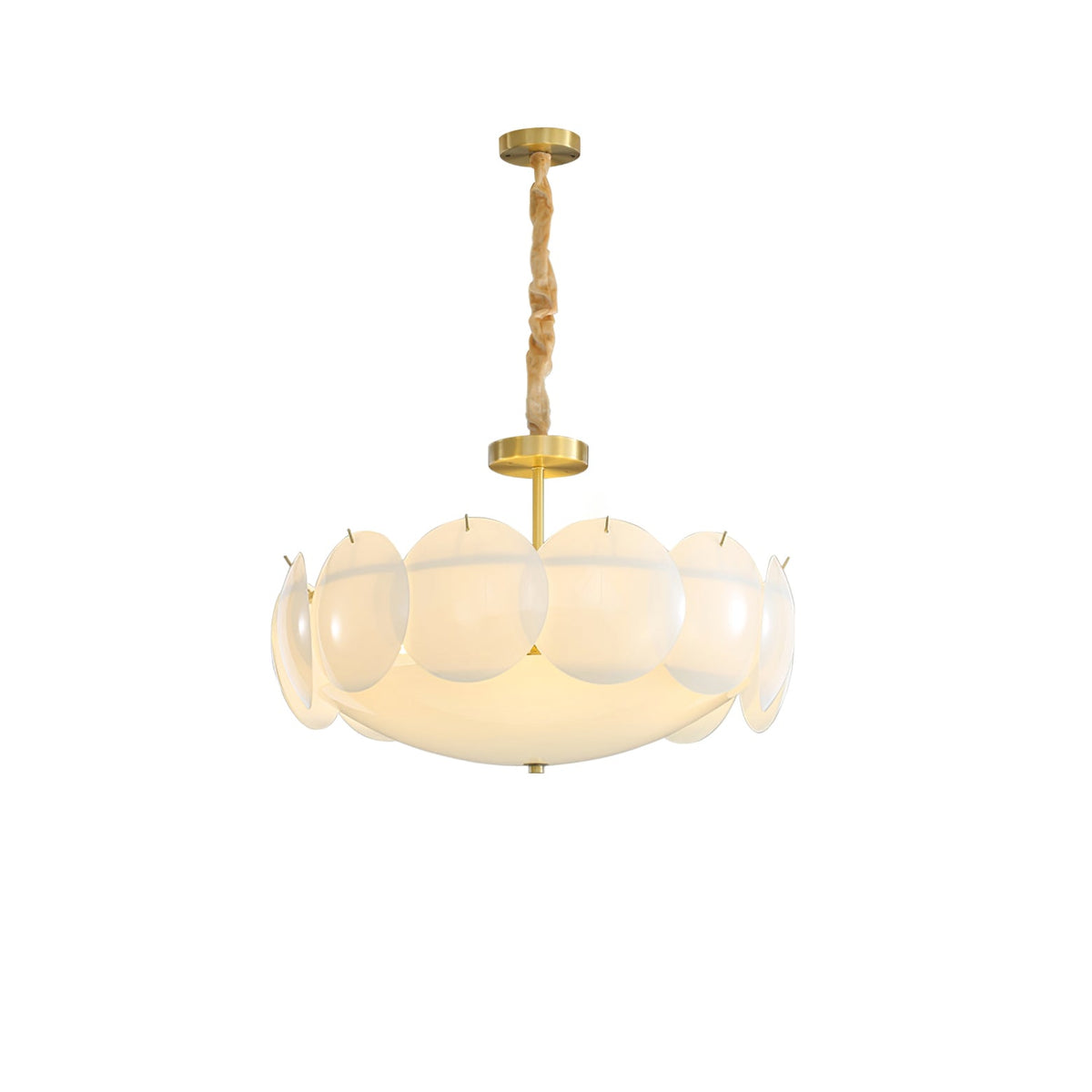 Smaller view of the lit Clérachic chandelier on a plain white background, with the twisted chain and brass canopy above.