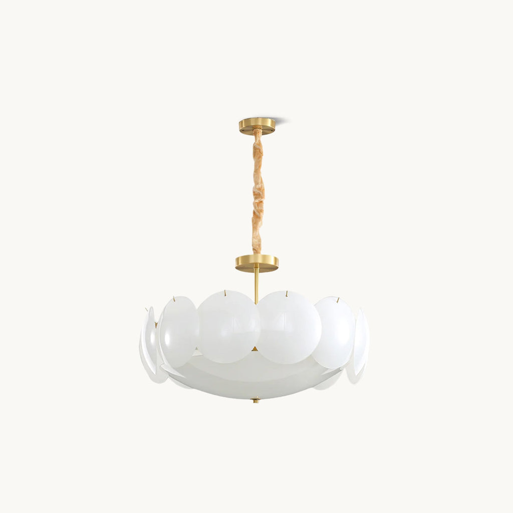 Clérachic chandelier on a chain, shown small and centred on an off-white backdrop, with white shades in a ring.