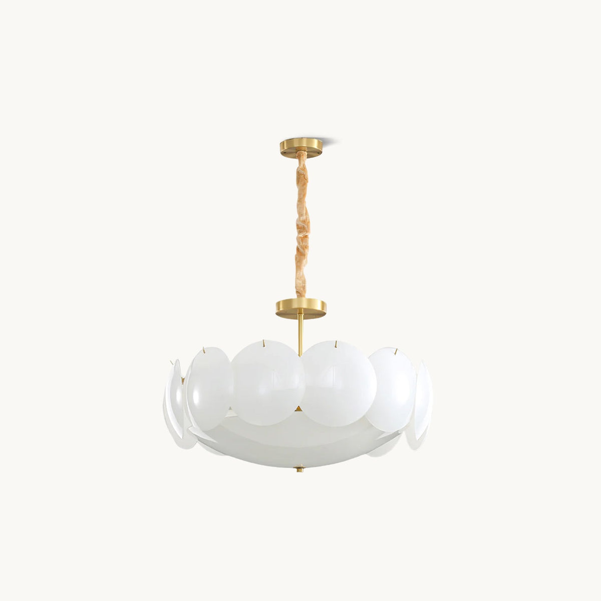 Clérachic chandelier on a chain, shown small and centred on an off-white backdrop, with white shades in a ring.