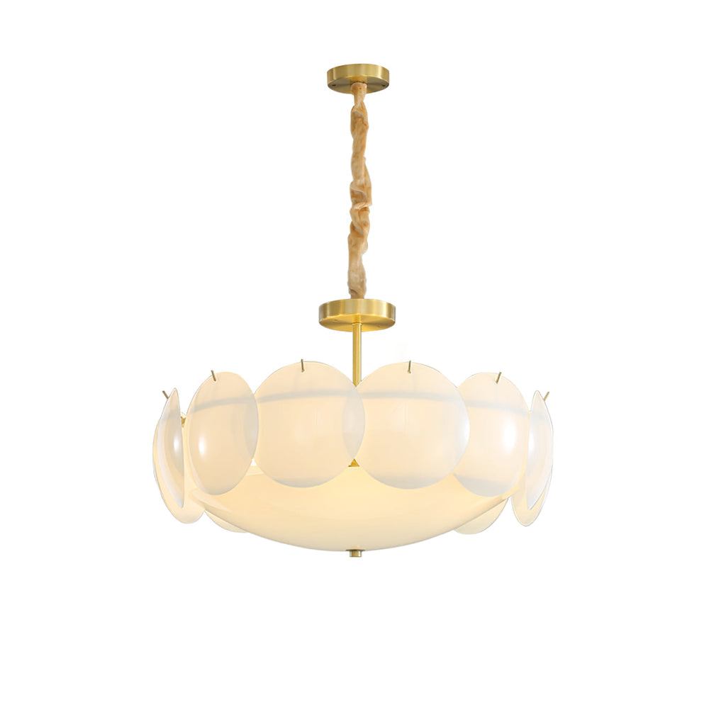 A Clérachic chandelier with a twisted chain, brass stem and ring of overlapping white shades on a plain light background.