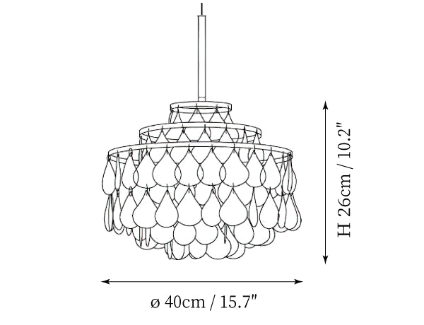 Clérachic pendant light dimension drawing, 1 of 2, every measurement marked in centimetres and inches.