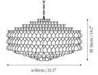 Clérachic pendant light dimension drawing, 2 of 2, every measurement marked in centimetres and inches.
