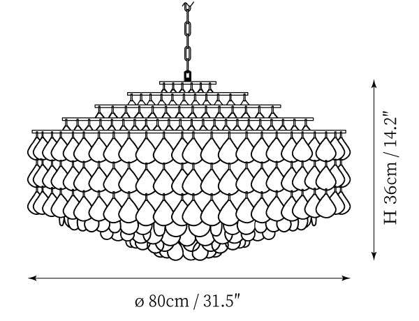 Clérachic pendant light dimension drawing, 2 of 2, every measurement marked in centimetres and inches.