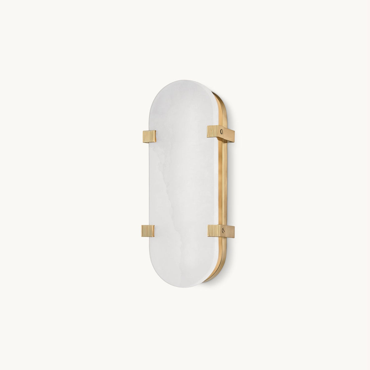 A Clérachic wall light on a plain white backdrop, with an oval alabaster shade held by four aged brass clips on a slim brass backplate.