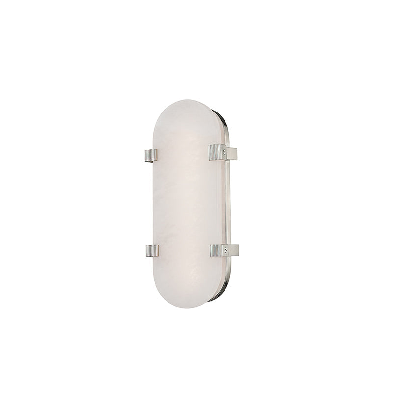 Cut-out view of this Clérachic wall light in polished nickel, with the oval alabaster shade held by four nickel clips.