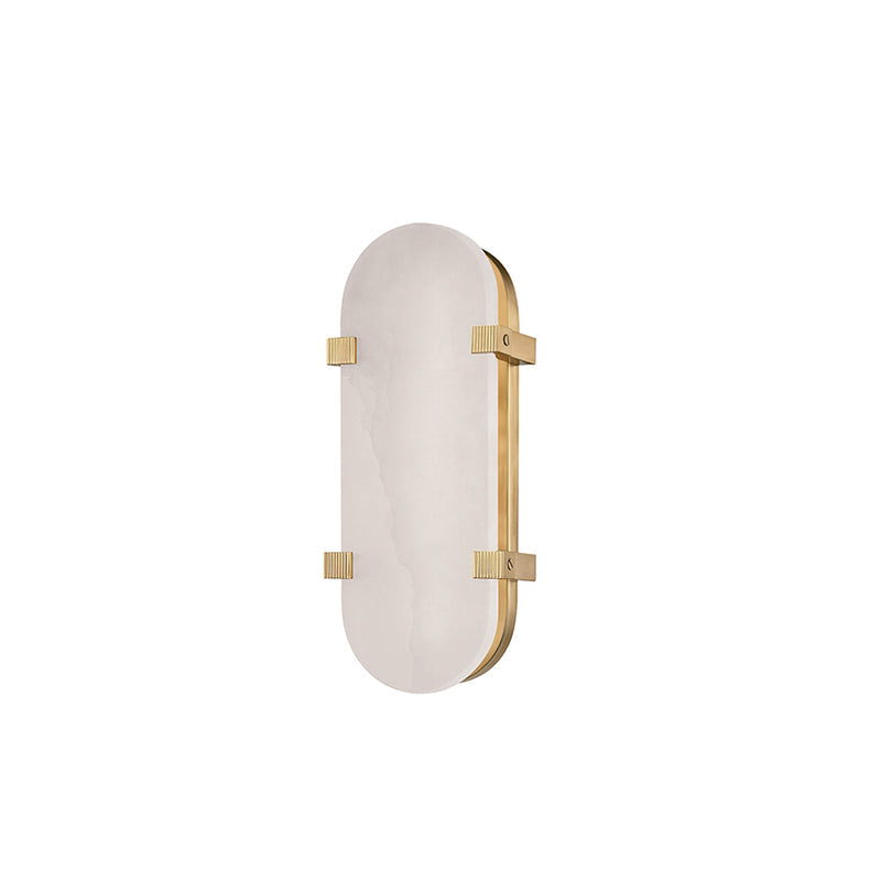 Cut-out view of this Clérachic wall light in aged brass, showing the veined alabaster shade and brass clips on a white backdrop.