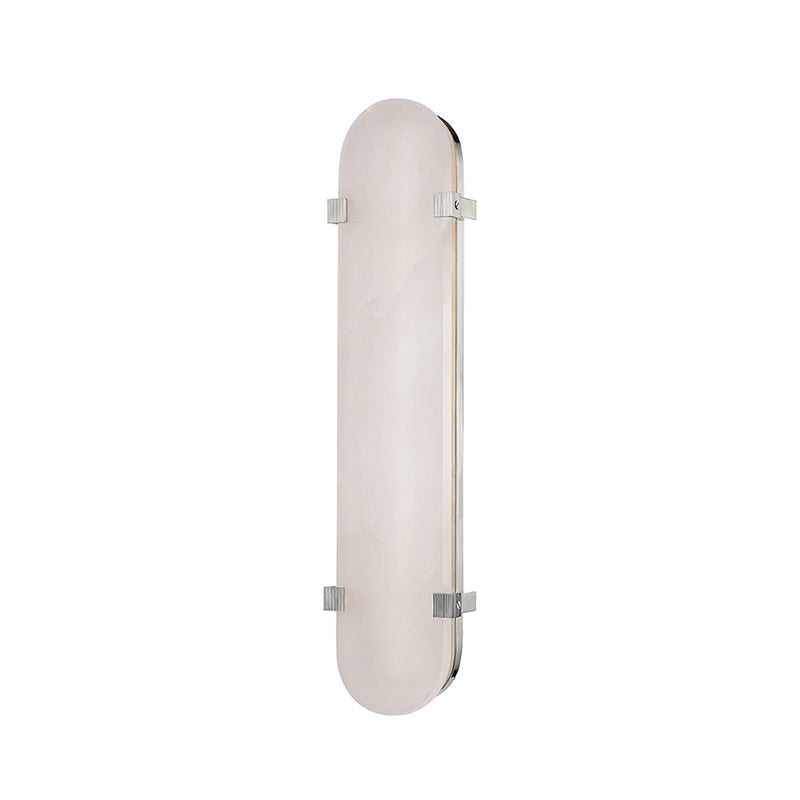 Cut-out view of the taller version of this Clérachic wall light, a long alabaster capsule held by four polished nickel clips.