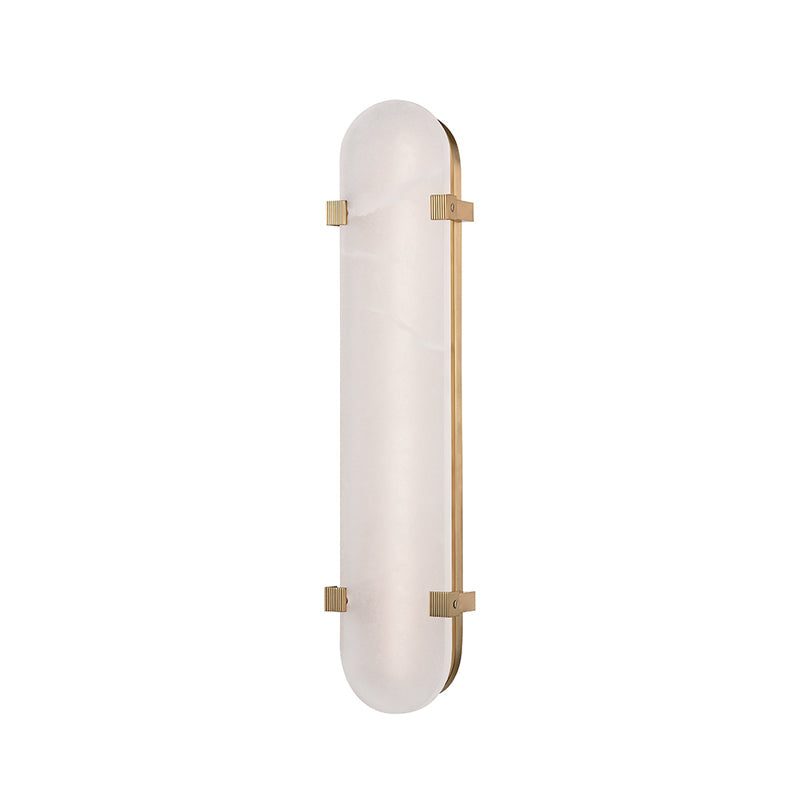 Cut-out view of the taller aged brass version of this Clérachic wall light, with a long veined alabaster shade and four clips.
