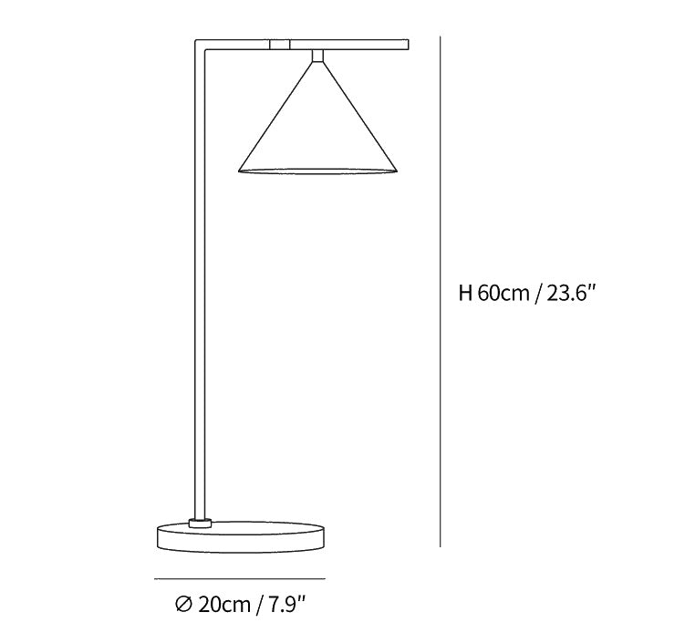 Dimension drawing of the captain flint table lamp, in outline against white.
