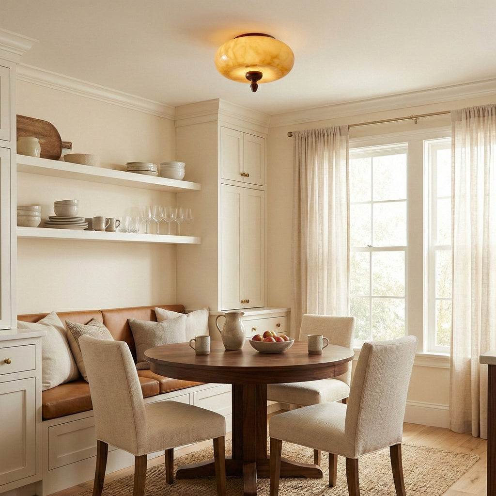 Small Clérachic caramel glass ceiling light over a round wooden table in a breakfast nook with a built-in bench and open shelves.