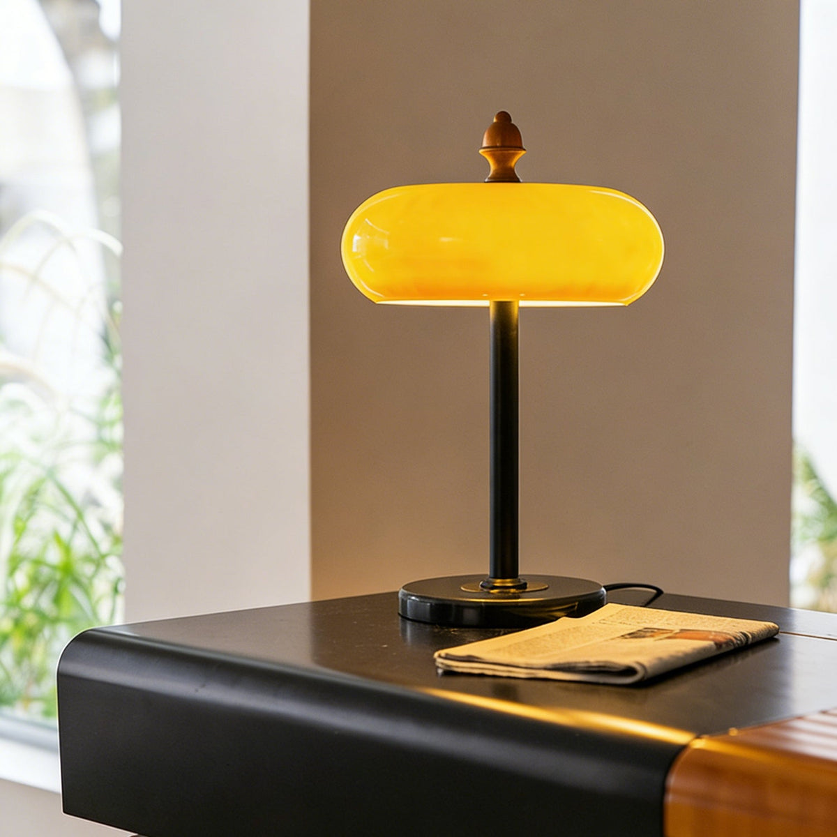 The lamp from Clérachic lit up, with the whole glass dome a bright honey yellow, on a black table next to a newspaper.