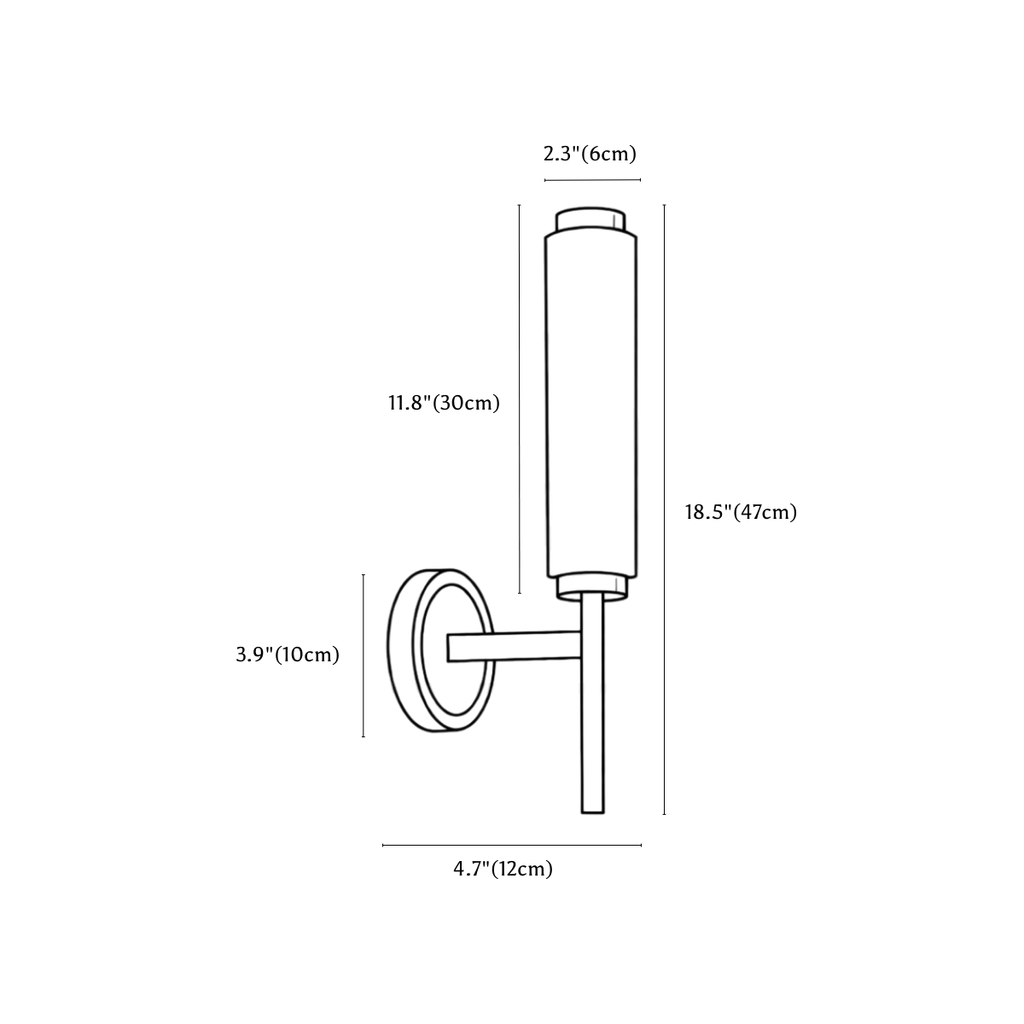 Clérachic wall light dimension drawing, 1 of 2, every measurement marked in centimetres and inches.