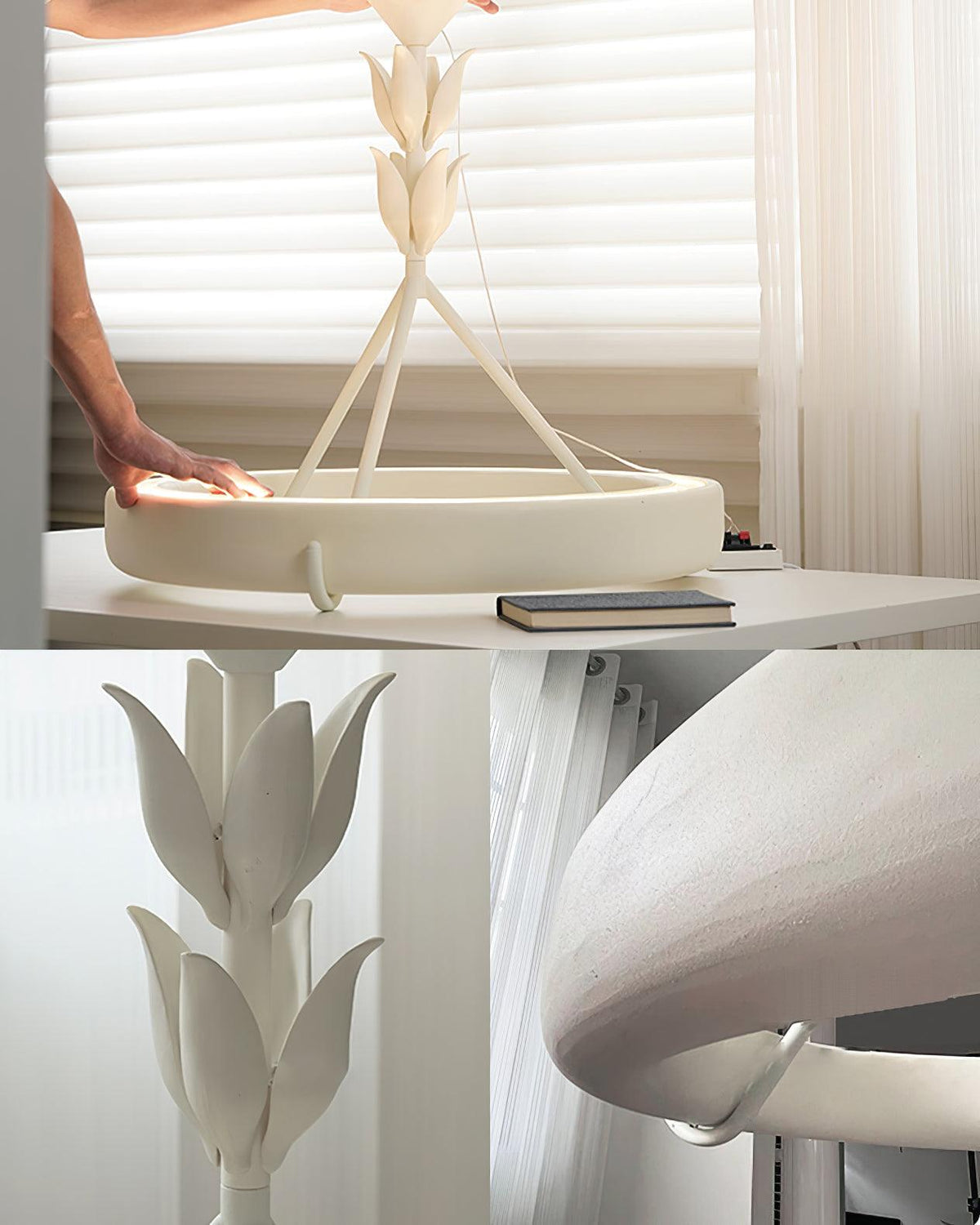Three views in one: the white ring on a table, a close-up of the leaf buds, and the curved rim detail of this Clérachic chandelier.