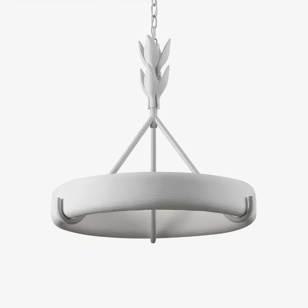 Studio view of the white ring chandelier on a chain, with its leaf-bud stem and three rods, on a pale grey backdrop; a Clérachic ceiling light.