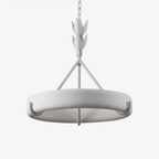 Studio view of the white ring chandelier on a chain, with its leaf-bud stem and three rods, on a pale grey backdrop; a Clérachic ceiling light.