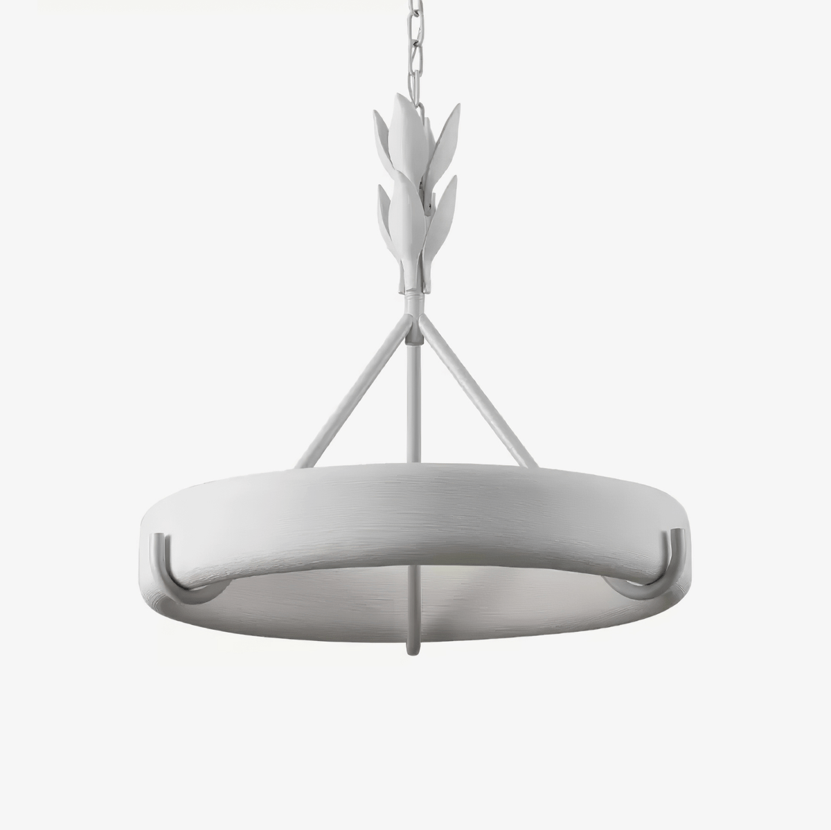 Studio view of the white ring chandelier on a chain, with its leaf-bud stem and three rods, on a pale grey backdrop; a Clérachic ceiling light.