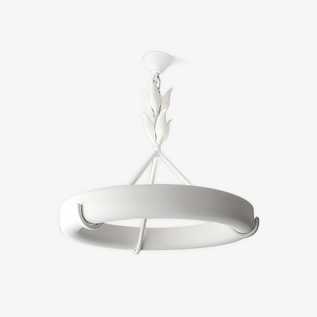 The Clérachic chandelier with a small white ceiling cap and chain above its leaf-bud stem, photographed from slightly below on white.
