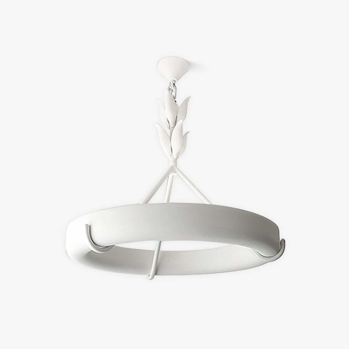 The Clérachic chandelier with a small white ceiling cap and chain above its leaf-bud stem, photographed from slightly below on white.