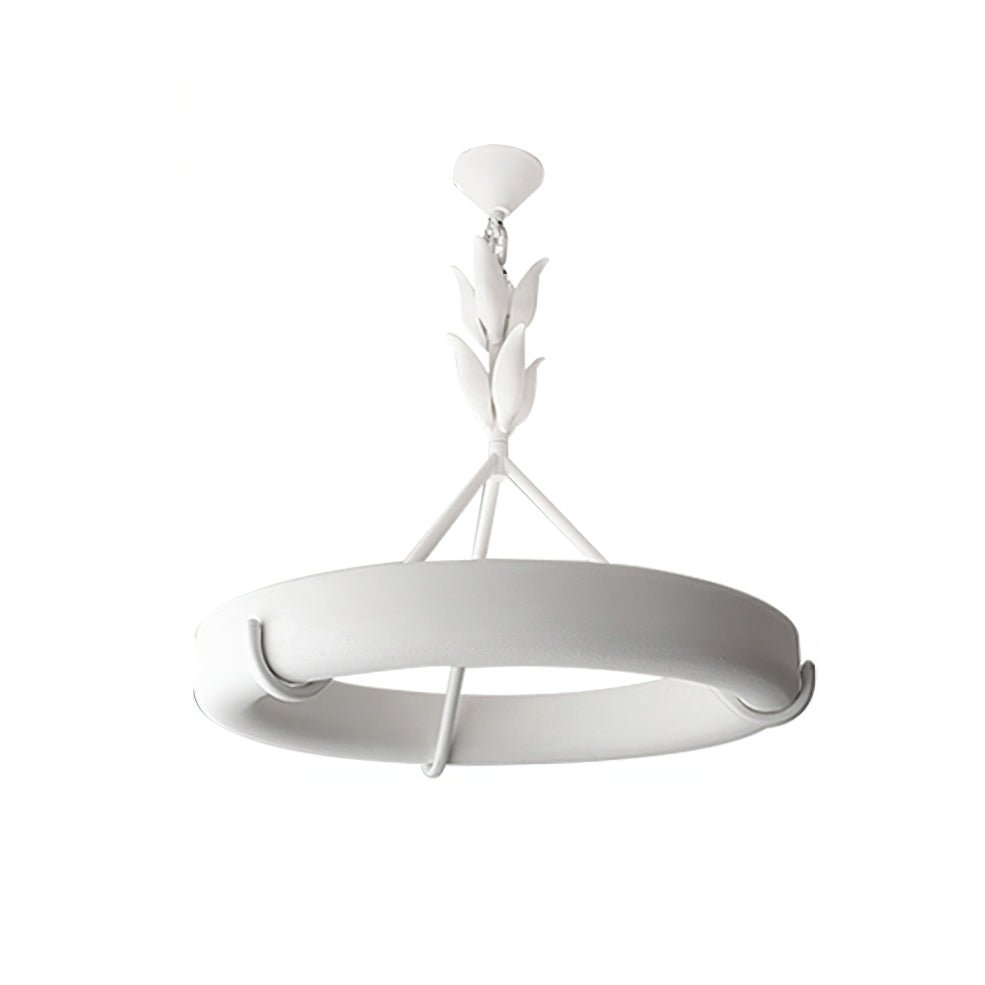 A Clérachic chandelier from slightly above, showing the white rim, its curved hooks and the small round ceiling cap, on white.