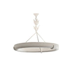 Flatter angle on the white ring, with its leaf-bud stem and conical ceiling cap, on a white backdrop; a Clérachic chandelier.