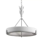 Studio view of the white ring on its chain, with leaf buds above three slim rods, on white; a Clérachic chandelier.