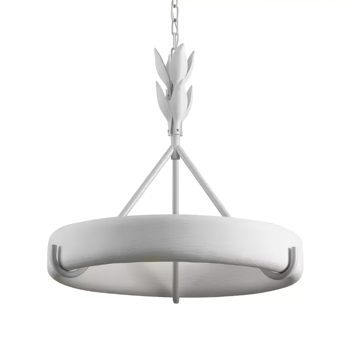Studio view of the white ring on its chain, with leaf buds above three slim rods, on white; a Clérachic chandelier.