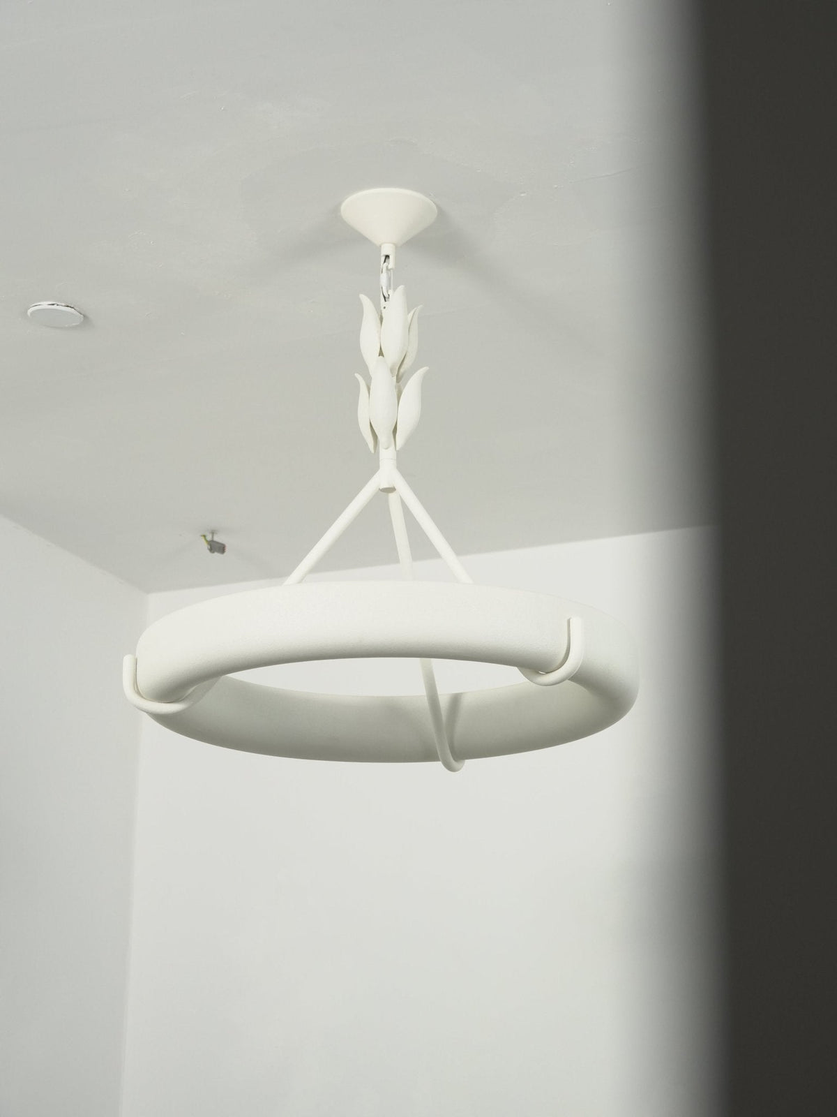 View from below the ring against a white wall, with a dark shadow edge on the right; a Clérachic chandelier.