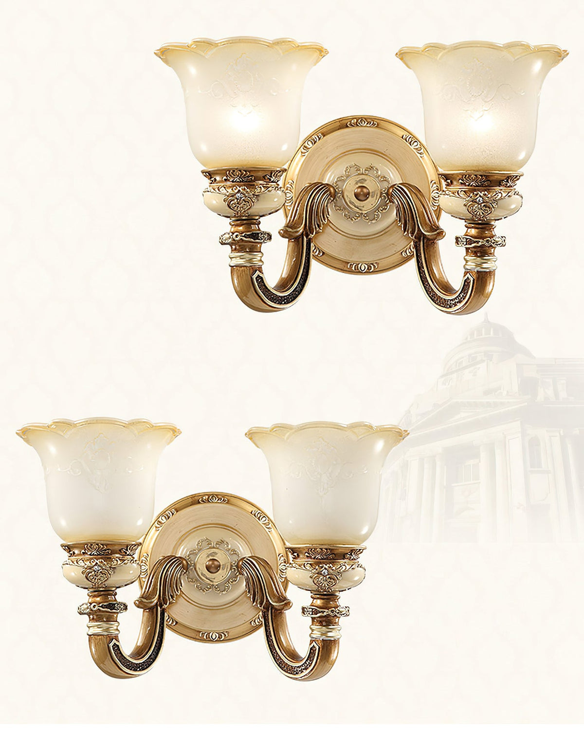 Two double-head Clérachic wall lights shown at different heights on a pale backdrop with faint architectural outlines.
