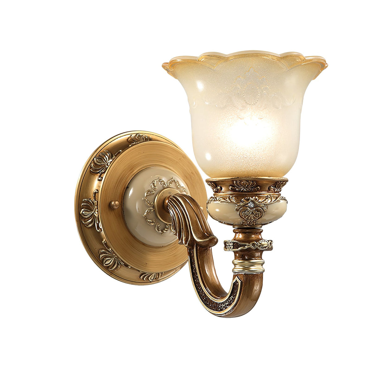 Side-on view of a single-head Clérachic wall light on white, its glass shade lit above a rounded backplate and carved arm.