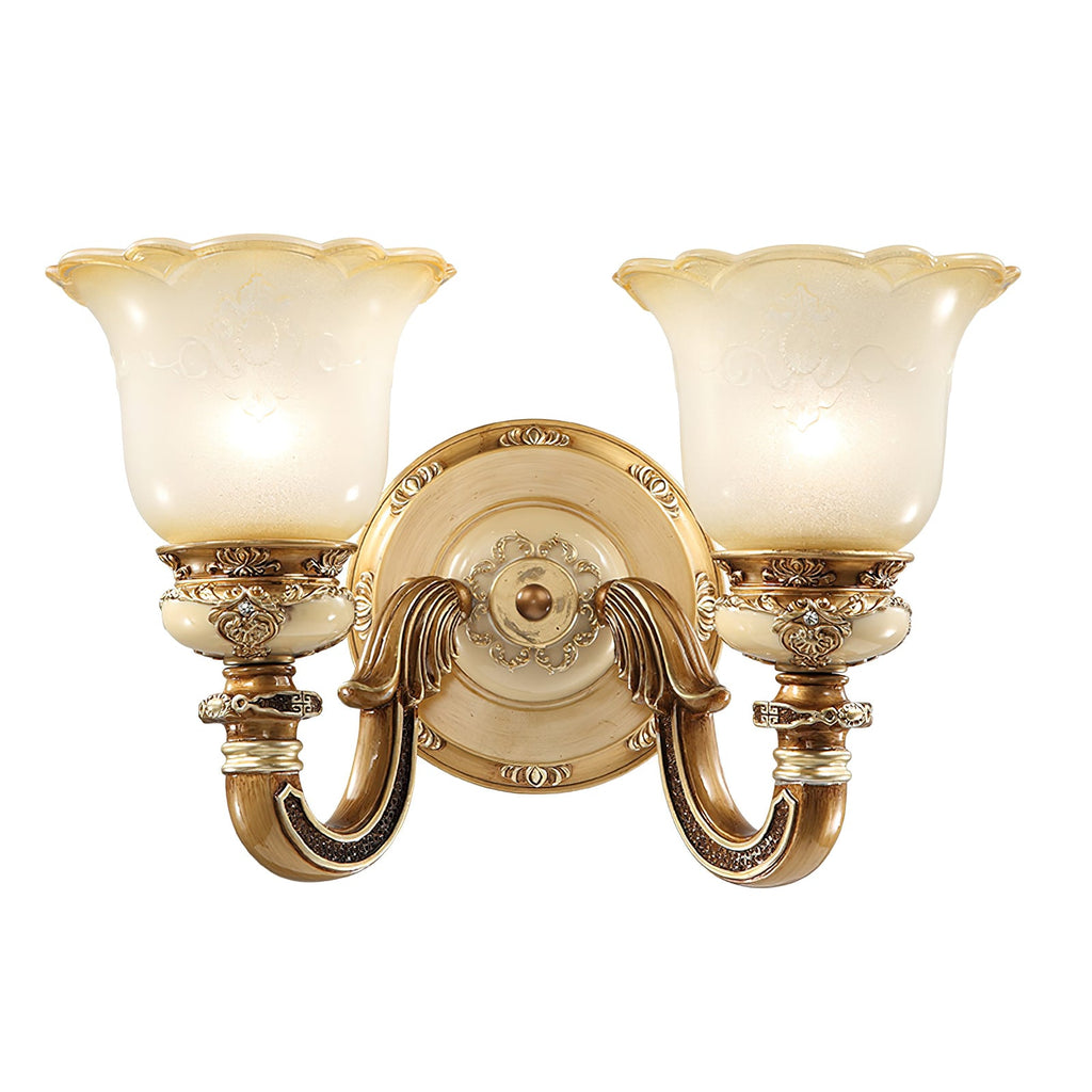 Front view of a double-head Clérachic wall light on white, two scalloped glass shades curving up from a central backplate.