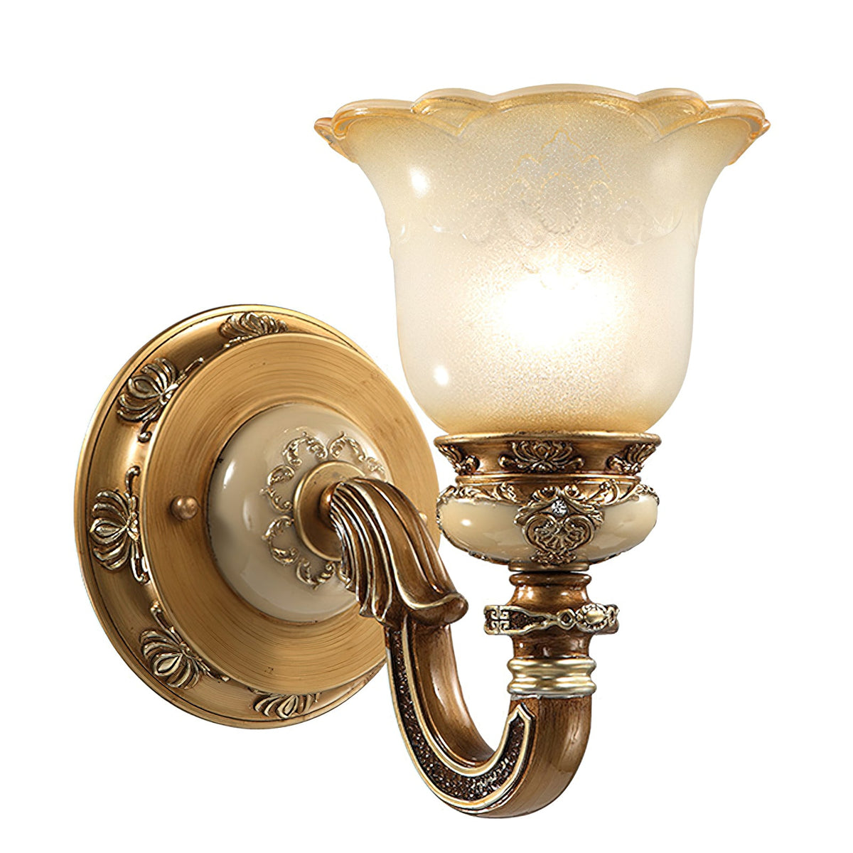 Large close view of a single-head Clérachic wall light on white, with its lit glass shade and embossed backplate in detail.