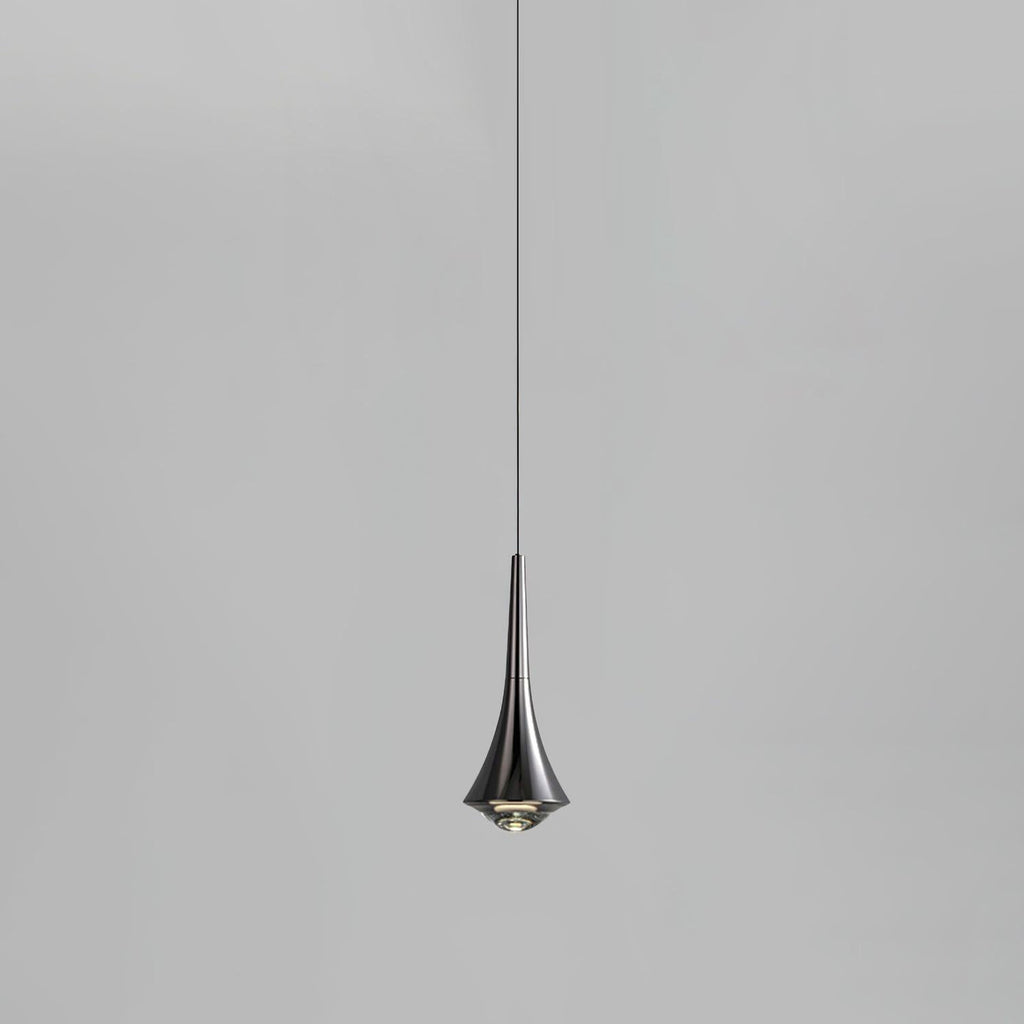 Front view of a dark chrome Clérachic pendant with a flared body and a thin black cord, on a light grey backdrop.