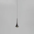 Front view of a dark chrome Clérachic pendant with a flared body and a thin black cord, on a light grey backdrop.