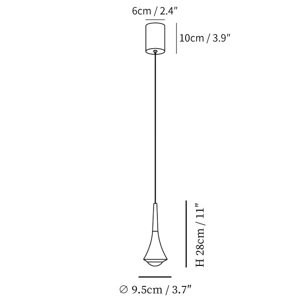Clérachic pendant light dimension drawing, every measurement marked in centimetres and inches.