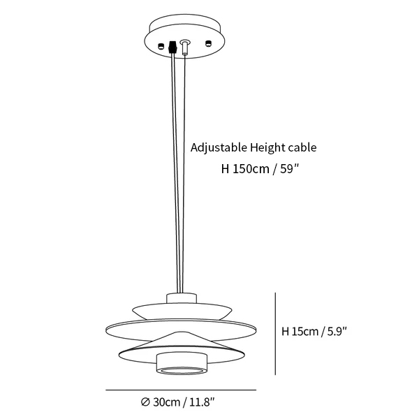 Dimension drawing of the cascade wooden disc pendant lamp, in outline against white.