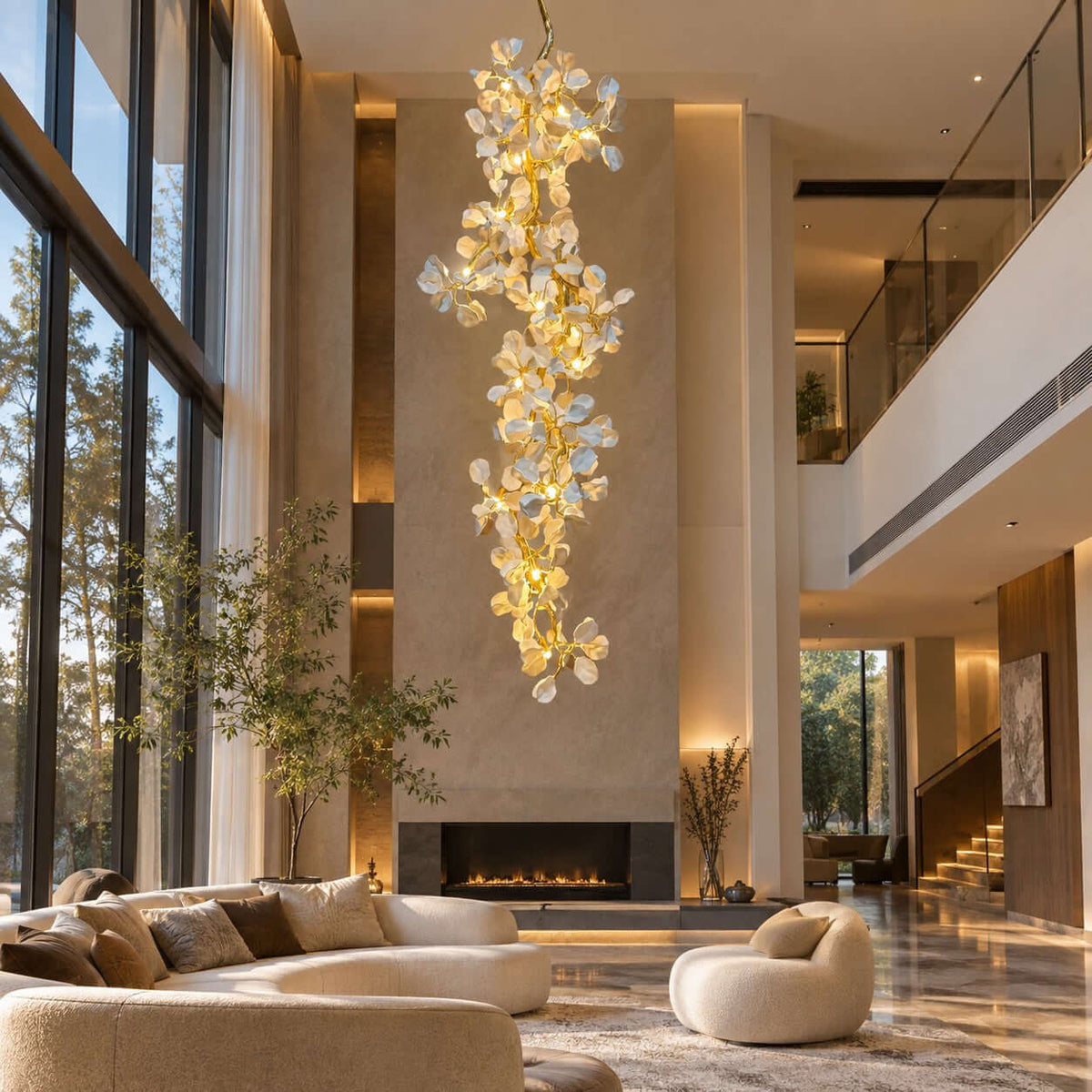 A Clérachic petal chandelier in a tall living room with floor-to-ceiling windows, a fireplace and a curved cream sofa below.