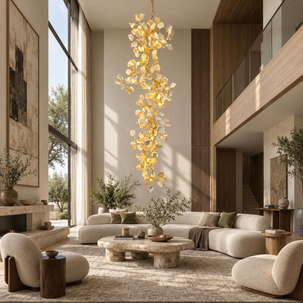 A Clérachic ceramic petal chandelier in a double-height room with a balcony, above a stone coffee table and boucle armchairs.