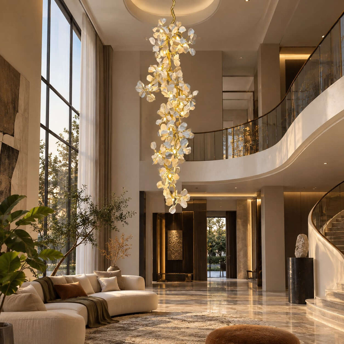 Clérachic chandelier of layered ceramic petals hung in front of a curved balcony and a marble floor with a sofa in the corner.
