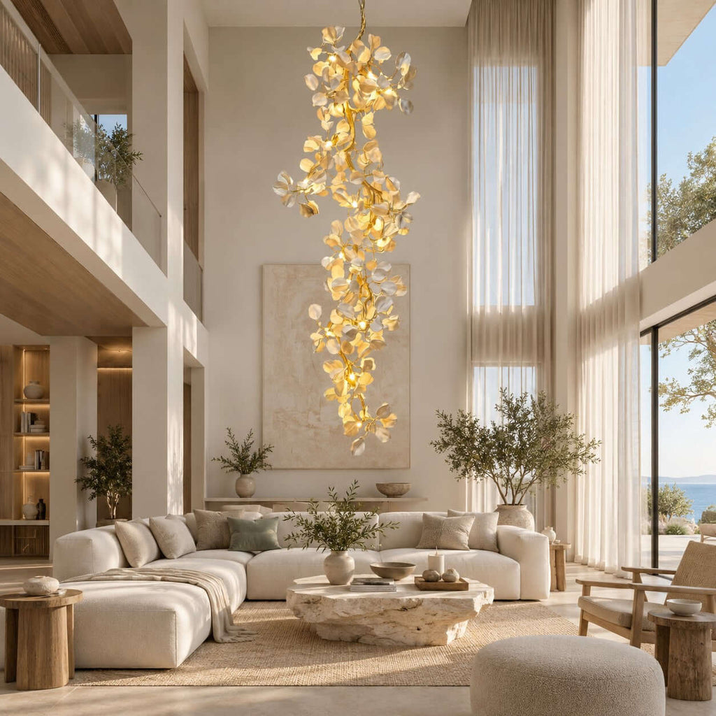A Clérachic petal chandelier running the full height of a pale living room with tall windows and a stone coffee table.