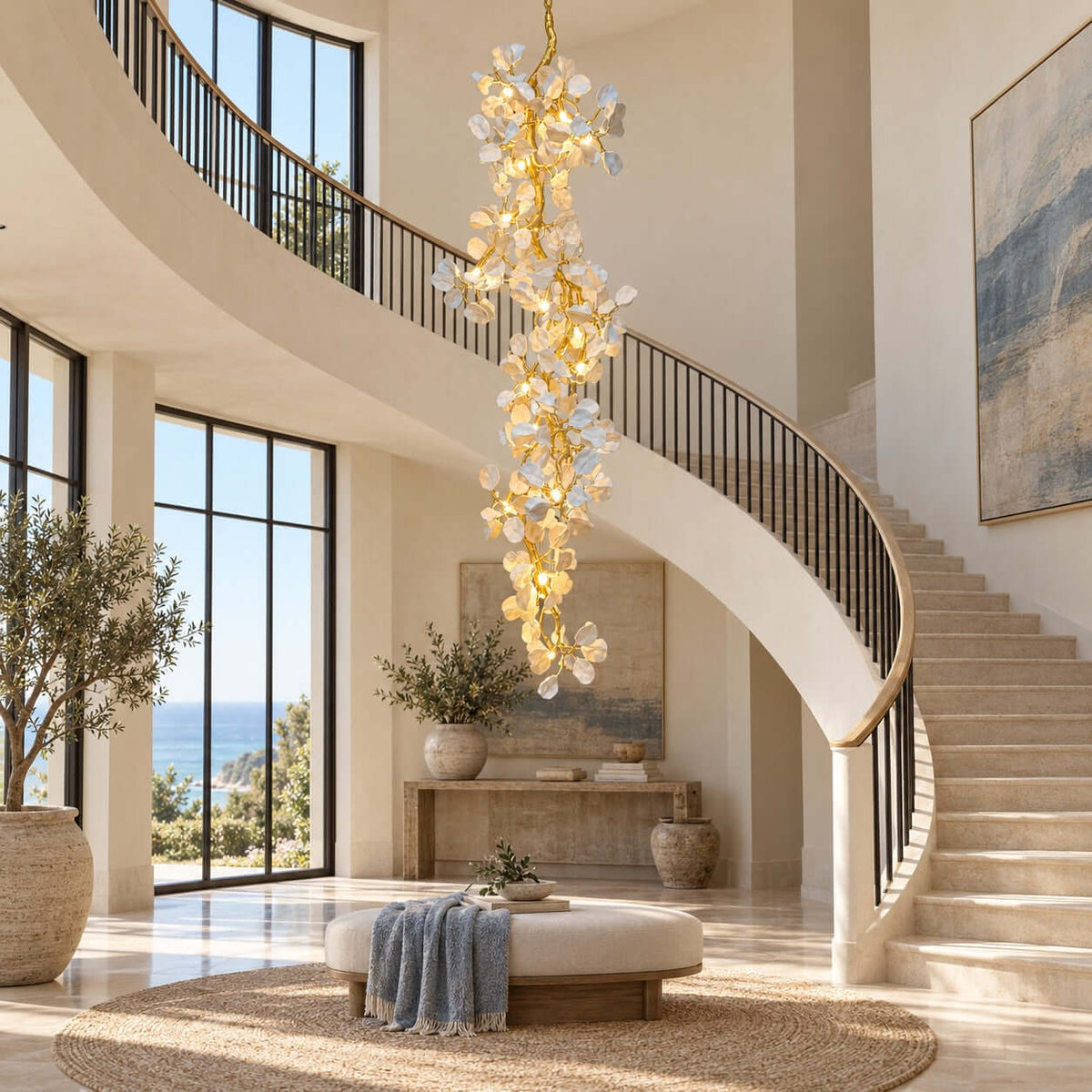 Clérachic gold and ceramic petal chandelier beside a curved staircase with an iron handrail, with a cream pouffe and a woven rug below.