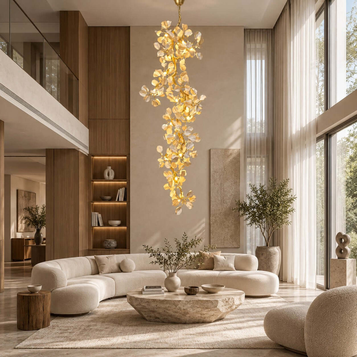 A Clérachic cascading petal chandelier in a timber-panelled living room with a curved sofa, a stone table and tall sheer curtains.