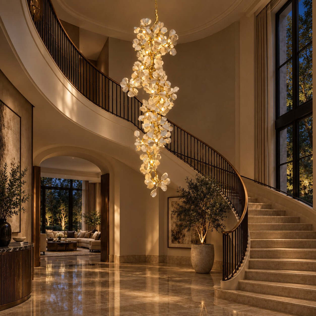A Clérachic petal chandelier hung low beside a curved staircase and tall windows, in a warm-lit entrance hall with a marble floor.