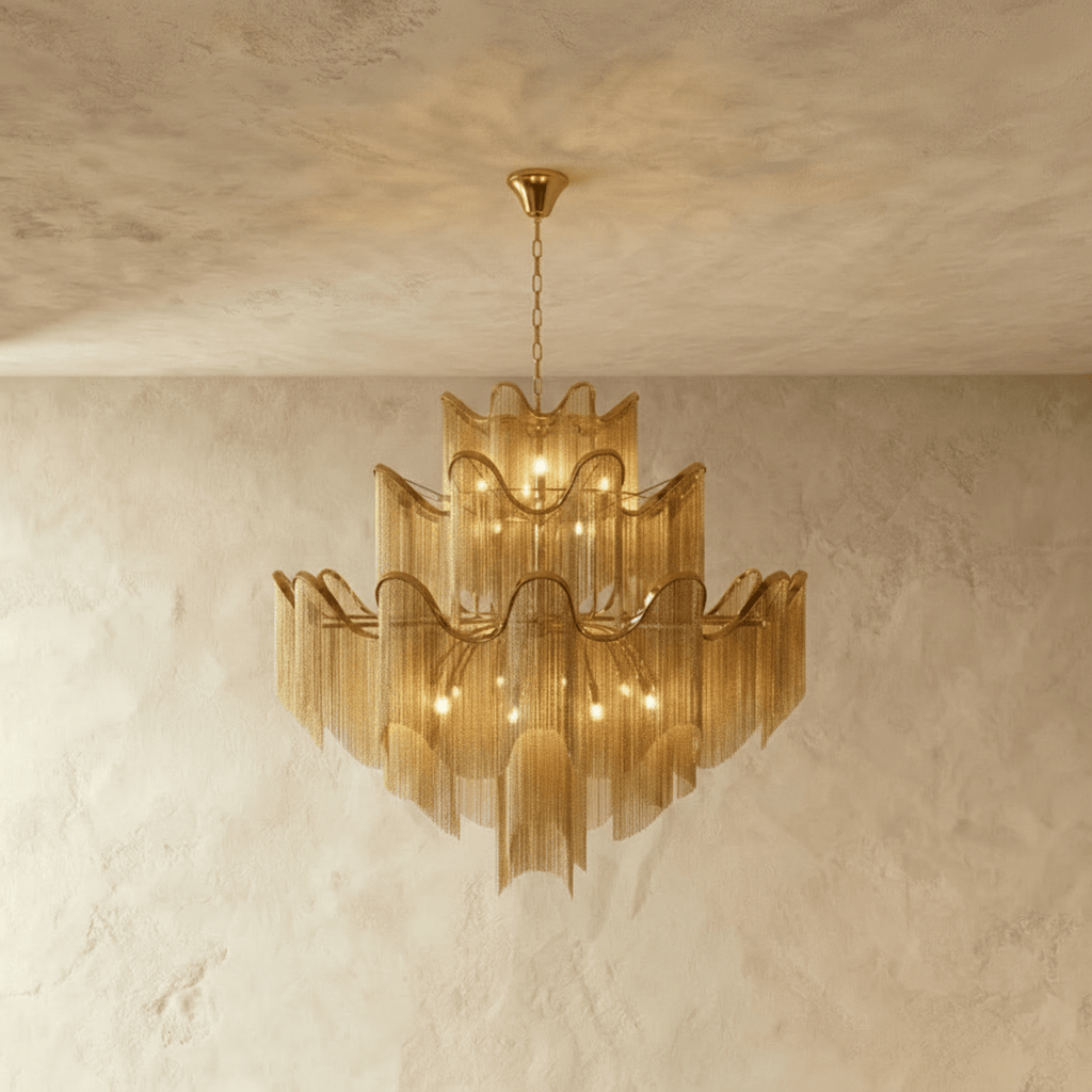 Clérachic gold tiered chandelier of fine chain fringe on a short chain, lit warm and hung against a limewashed wall.