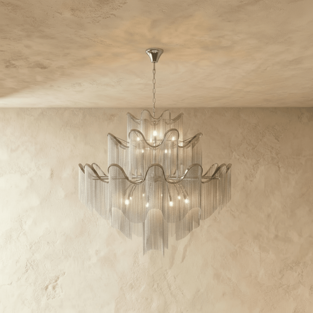 Clérachic silver tiered chandelier of fine chain fringe with wavy ribbon rims, hung from a chain against a pale limewashed wall.