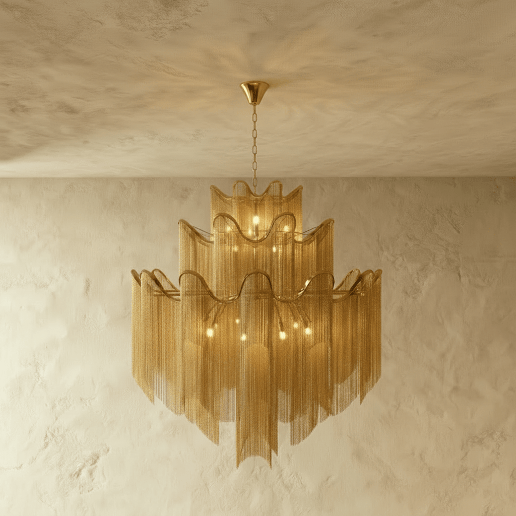 Clérachic gold three-tier chandelier with long cascading chain fringe, glowing warmly against a soft textured plaster wall.