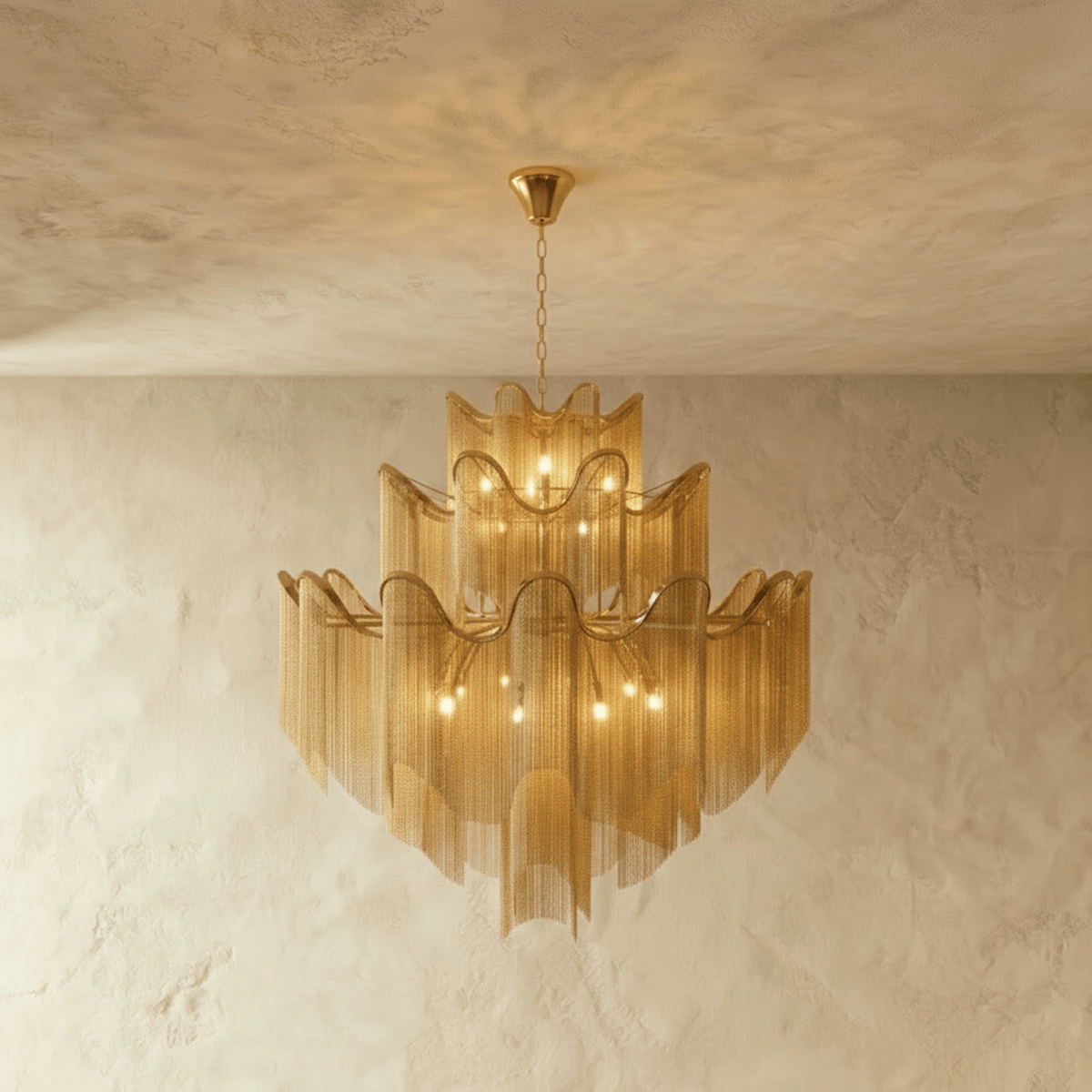 Clérachic gold tiered chain-fringe chandelier with warm bulbs glowing, hung on a fine chain against a limewashed wall.