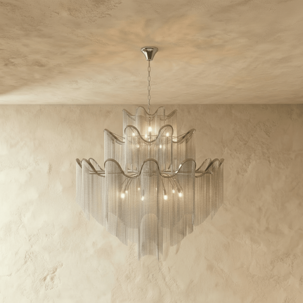 Clérachic silver tiered chain-fringe chandelier lit warmly, hanging from a slim chain in front of a limewashed wall.